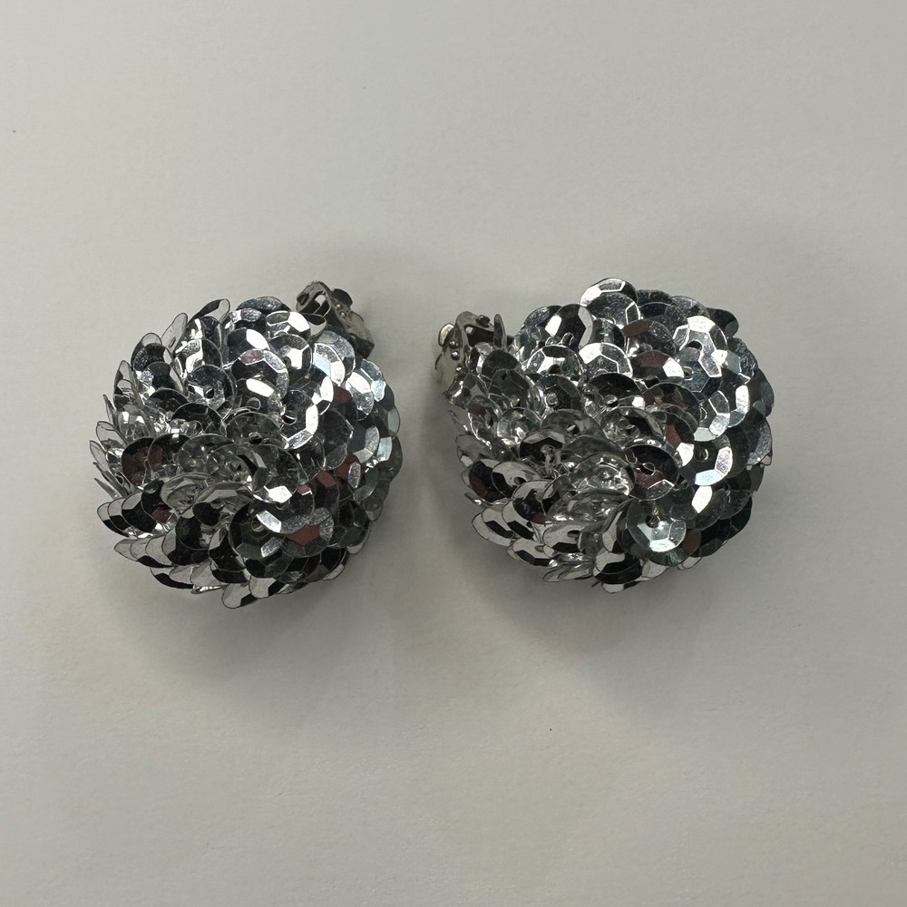 Vintage Sequin Silver Clip On Earrings
